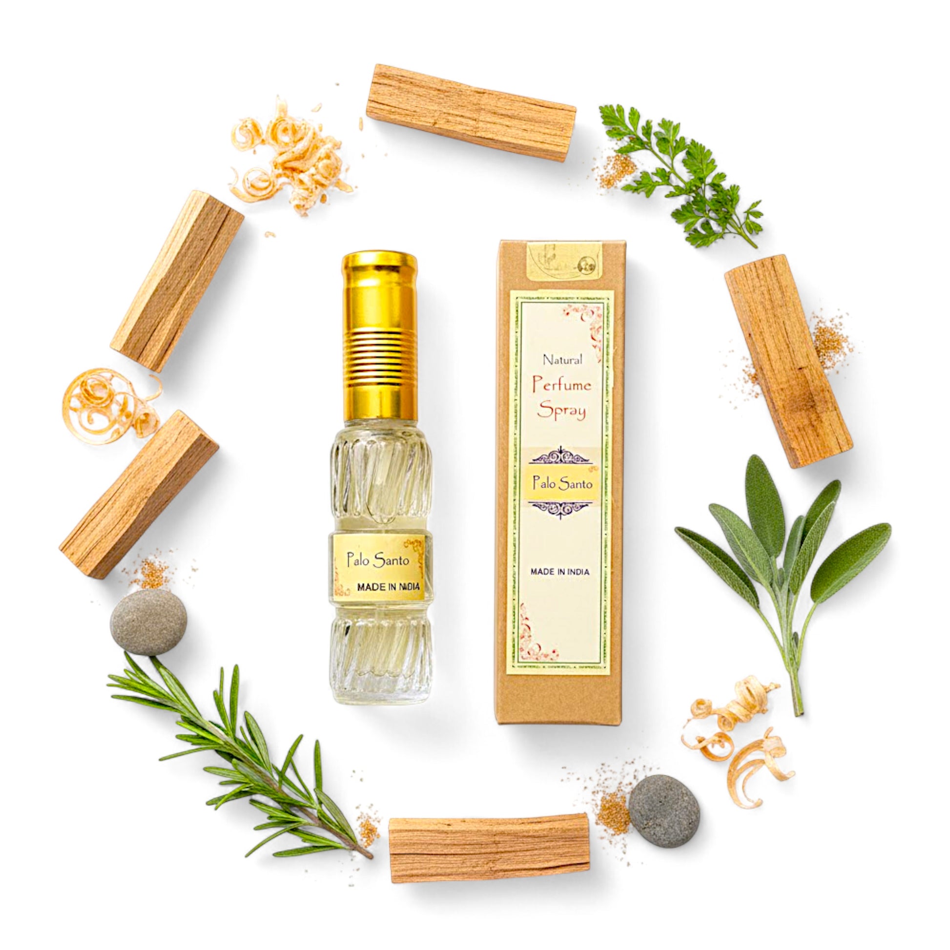 Palo Santo – Natuerliches Spray Parfuem 50 ml in Glasflasche mit Packung. Natuerlicher, alkoholfreier Duft, holzig-wuerzig und leicht suesslich. Ideal fuer Handtasche oder Reise.