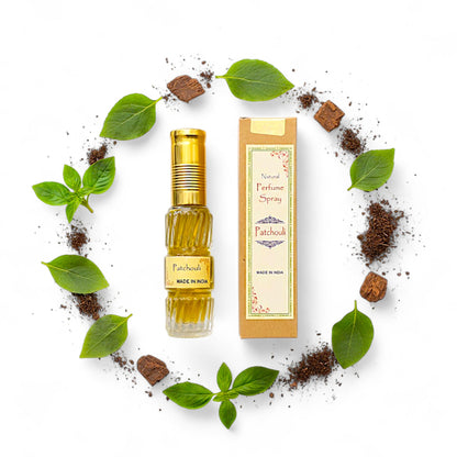 Patchouli – Natuerliches Spray Parfuem 50 ml in Glasflasche mit Packung. Natuerlicher, alkoholfreier Duft, holzig-wuerzig und warm-suesslich. Ideal fuer Handtasche oder Reise.