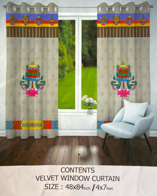 Produktbild Samtvorhang Kostbarer Schirm Chatra beige mit bunten tibetischen Motiven