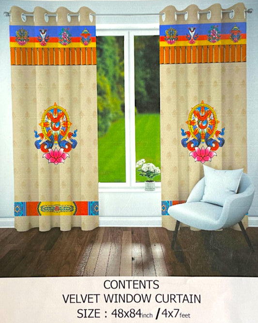 Produktbild Samtvorhang Potala Collection Dharma-Rad Dharmachakra beige blau rot aufgehaengt am Fenster