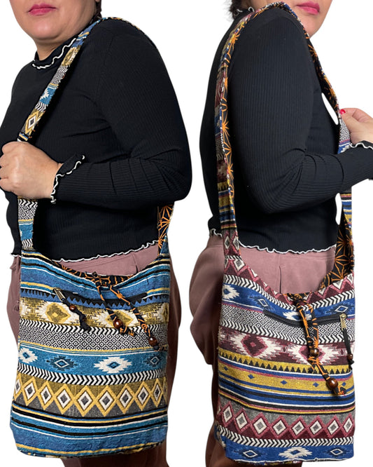 Produktvergleich der beiden Boho Stofftaschen in blaugelb und blaurot von Himalaya Vibes Bern.