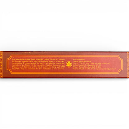 Rückseite der Verpackung mit Beschreibung der 55 seltenen Kräuter und Herstellerinfos des Tibetan Handicraft Centre.