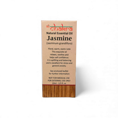 Rückseite der Verpackung von Jasmin – Chakra Natürliches ätherisches Öl 10 ml mit Anwendungshinweisen