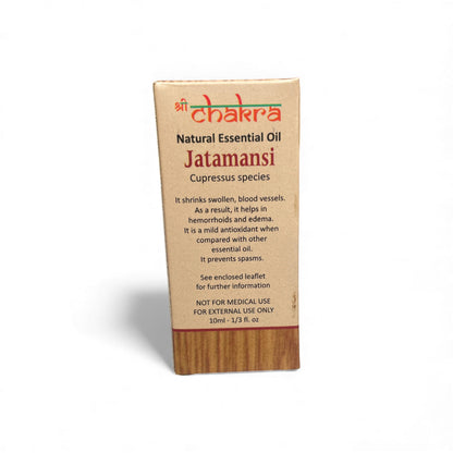 Rückseite der Verpackung von Jatamansi – Chakra Natürliches ätherisches Öl 10 ml mit Anwendungshinweisen