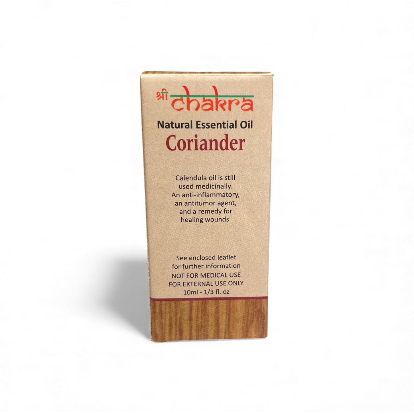 Rückseite der Verpackung von Koriander – Chakra Natürliches ätherisches Öl 10 ml mit Anwendungshinweisen