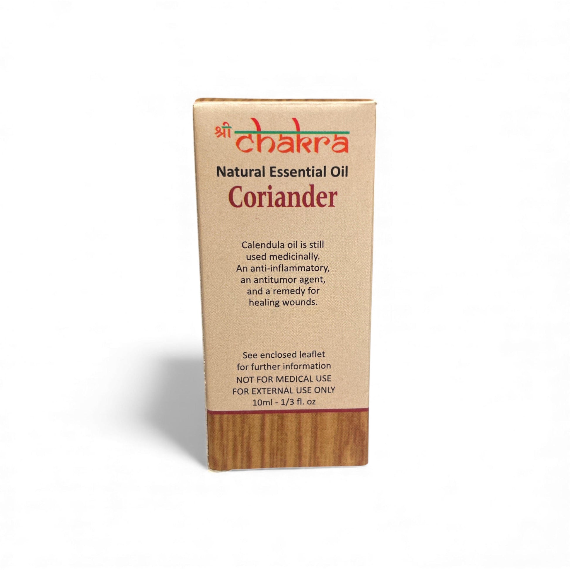 Rückseite der Verpackung von Koriander – Chakra Natürliches ätherisches Öl 10 ml mit Anwendungshinweisen