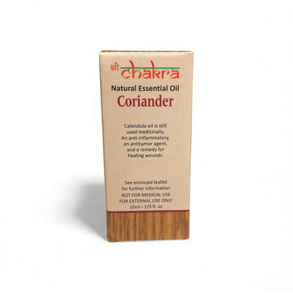 Rückseite der Verpackung von Koriander – Chakra Natürliches ätherisches Öl 10 ml mit Anwendungshinweisen