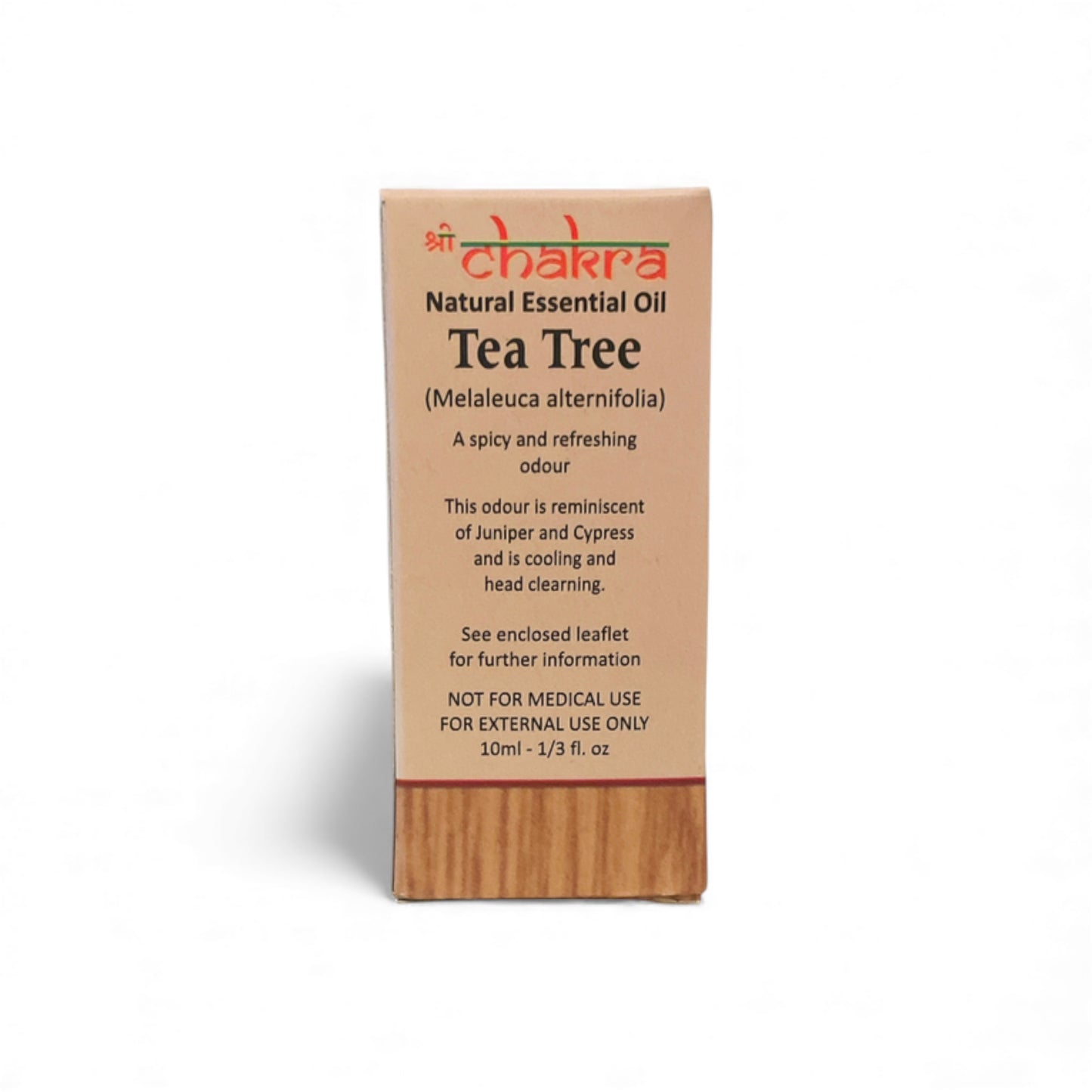 Rückseite der Verpackung von Teebaum – Chakra Natürliches ätherisches Öl 10 ml mit Anwendungshinweisen