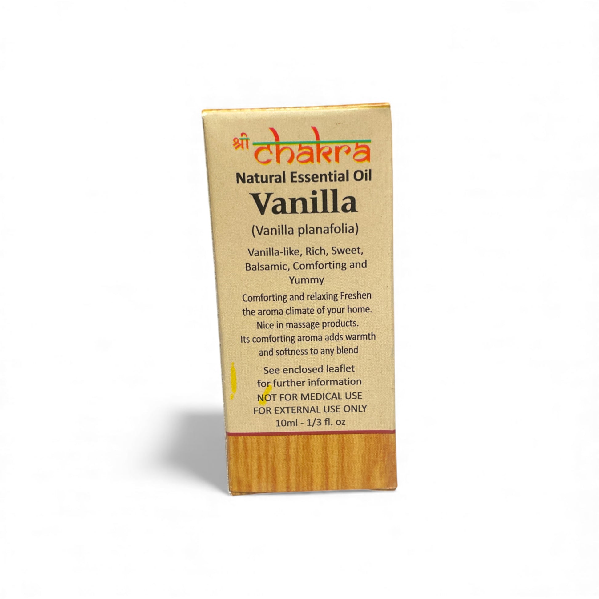 Rückseite der Verpackung von Vanille – Chakra Natürliches ätherisches Öl 10 ml mit Anwendungshinweisen