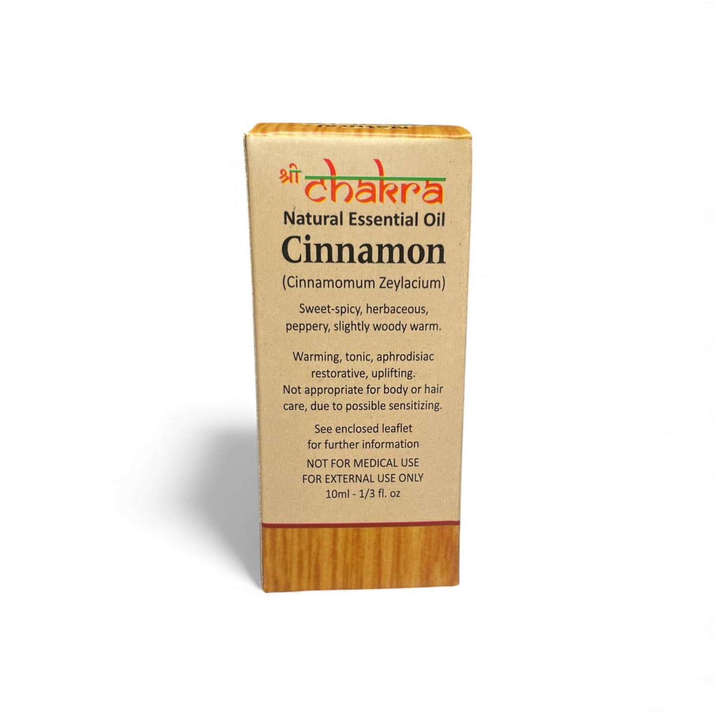 Rückseite der Verpackung von Zimt – Chakra Natürliches ätherisches Öl 10 ml mit Anwendungshinweisen