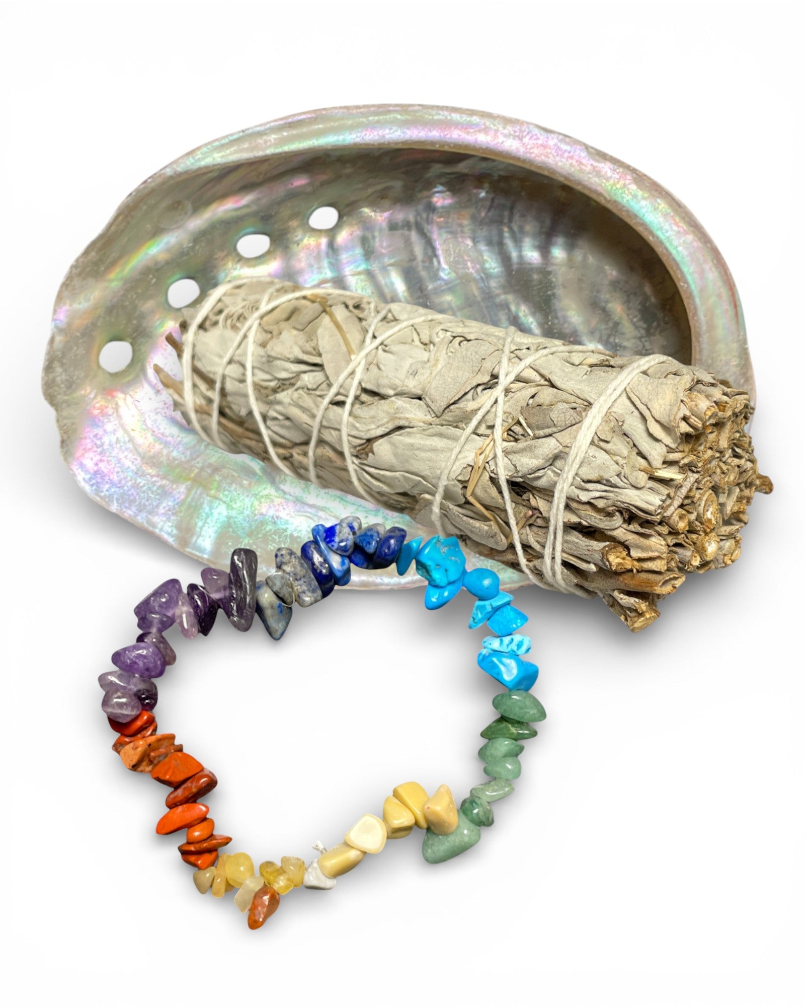 Räucher-Einsteiger-Set – Salbei-Räucherbündel, Abalone-Muschel und Chakra-Armband für Ausräuchern von Wohnung & Haus, Meditation & Rituale 🧘 Alle