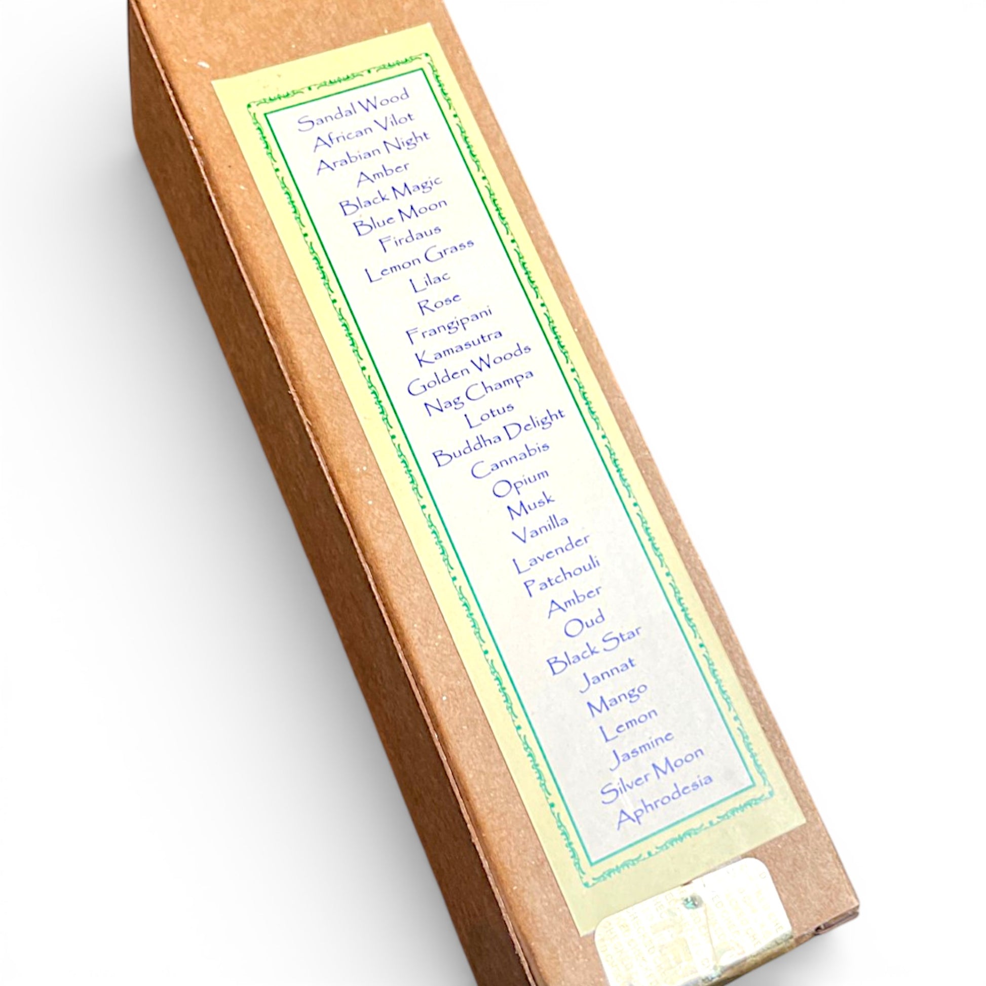 Rueckseite der Parfuem Verpackung mit Liste der Duftrichtungen wie Sandal Wood Rose und Patchouli SANG Indien