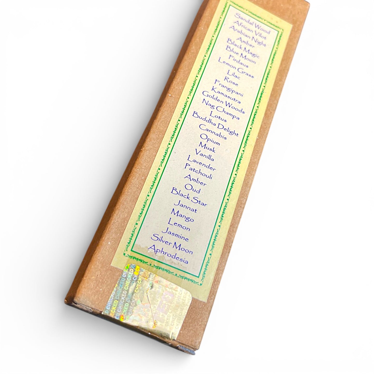 Rueckseite der Verpackung Yoga Parfuem mit Liste verschiedener Duftrichtungen