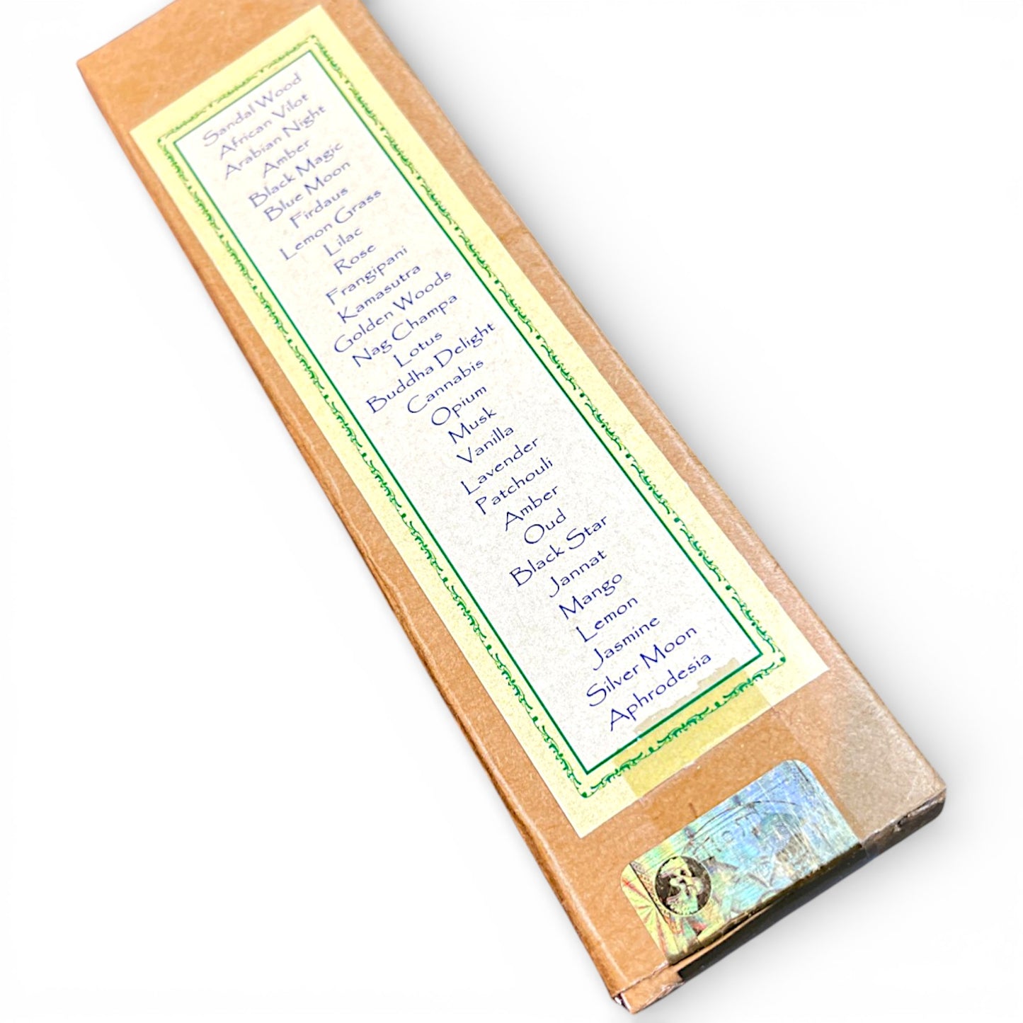 Rueckseite der Verpackung mit Duftsorten Liste Himalaya Vibes Bern Tibet Laden Schweiz