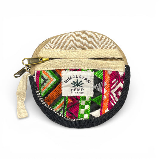 Runde Hanf-Tasche handgemacht aus Himalayan Hemp mit buntem Muster in Pink Gruen und Schwarz sowie Frontfach.