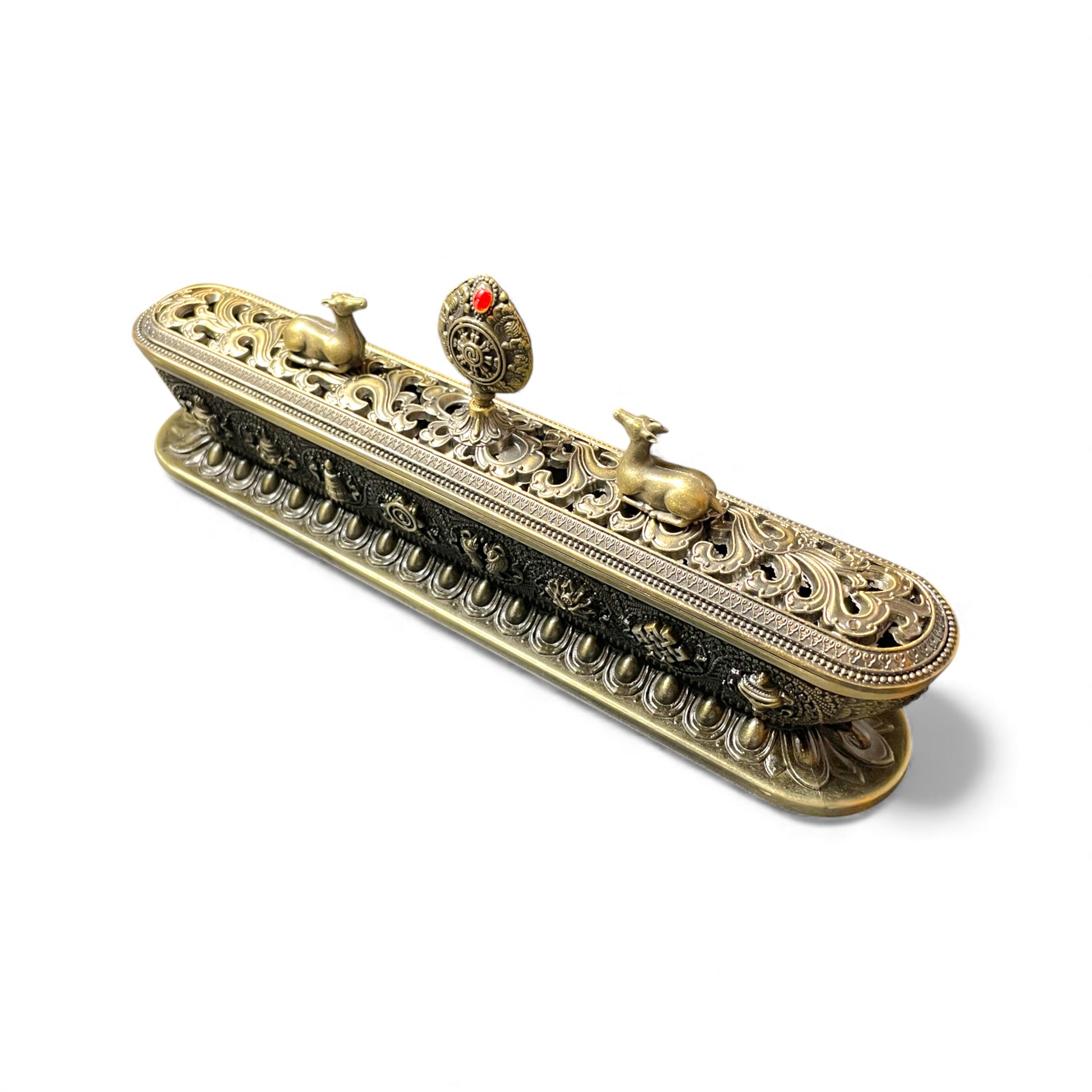 „Samsara“ - Tibetischer Räucherstäbchen-Halter aus Messing Front 