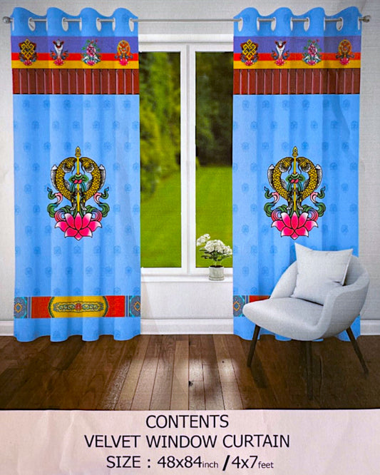 Samtvorhang Potala Collection Goldene Fische Suvarnamatshya Raumansicht Blau PIMCO Tibet Laden