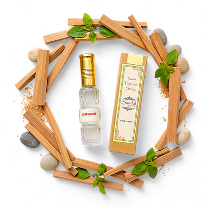 Sandalwood – Natuerliches Spray Parfuem 30 ml in Glasflasche mit Packung. Natuerlicher, alkoholfreier Duft, holzig-wuerzig und sanft suesslich. Ideal fuer Handtasche oder Reise.
