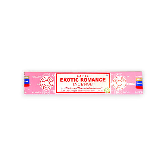 Satya Exotic Romance Räucherstäbchen 15g – Packung auf weissem Hintergrund
