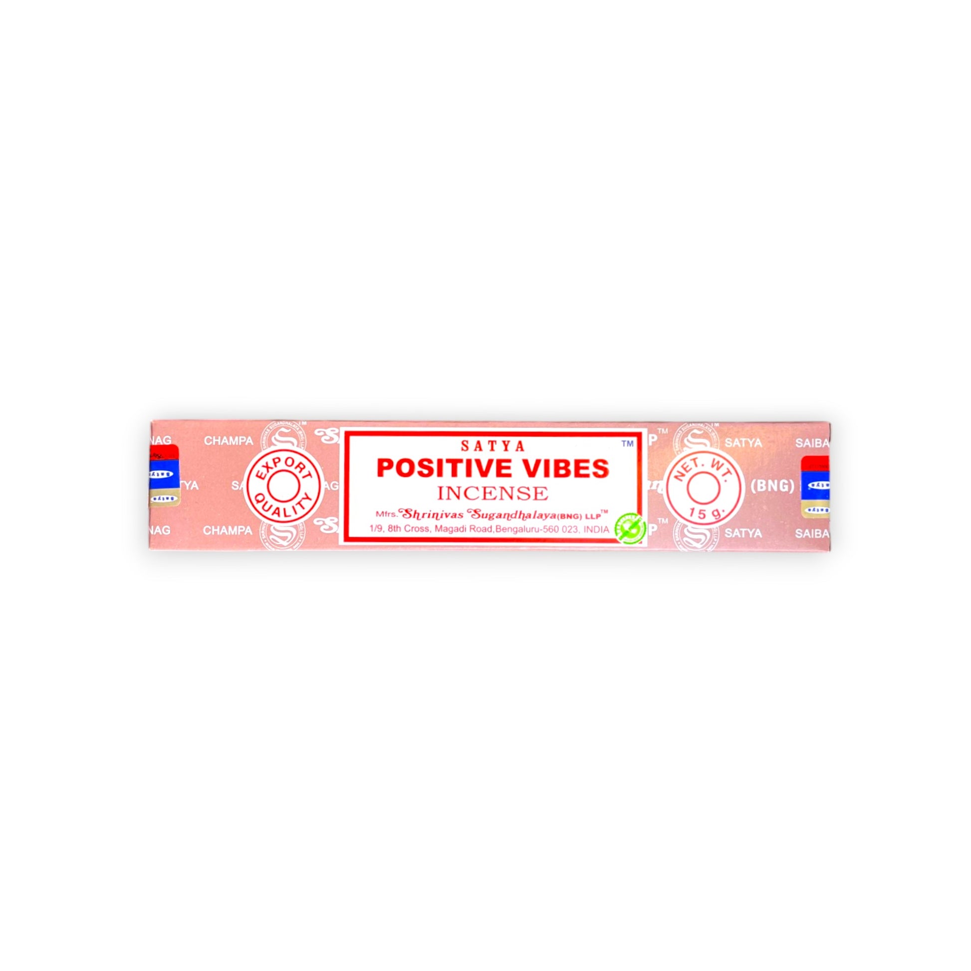 Satya Positive Vibes Räucherstäbchen 15g – Packung auf weissem Hintergrund