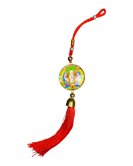 Schlaufe & Quaste: „Rote Kordelschlaufe und lange rote Seidenquaste des Chenrezig-Anhängers“