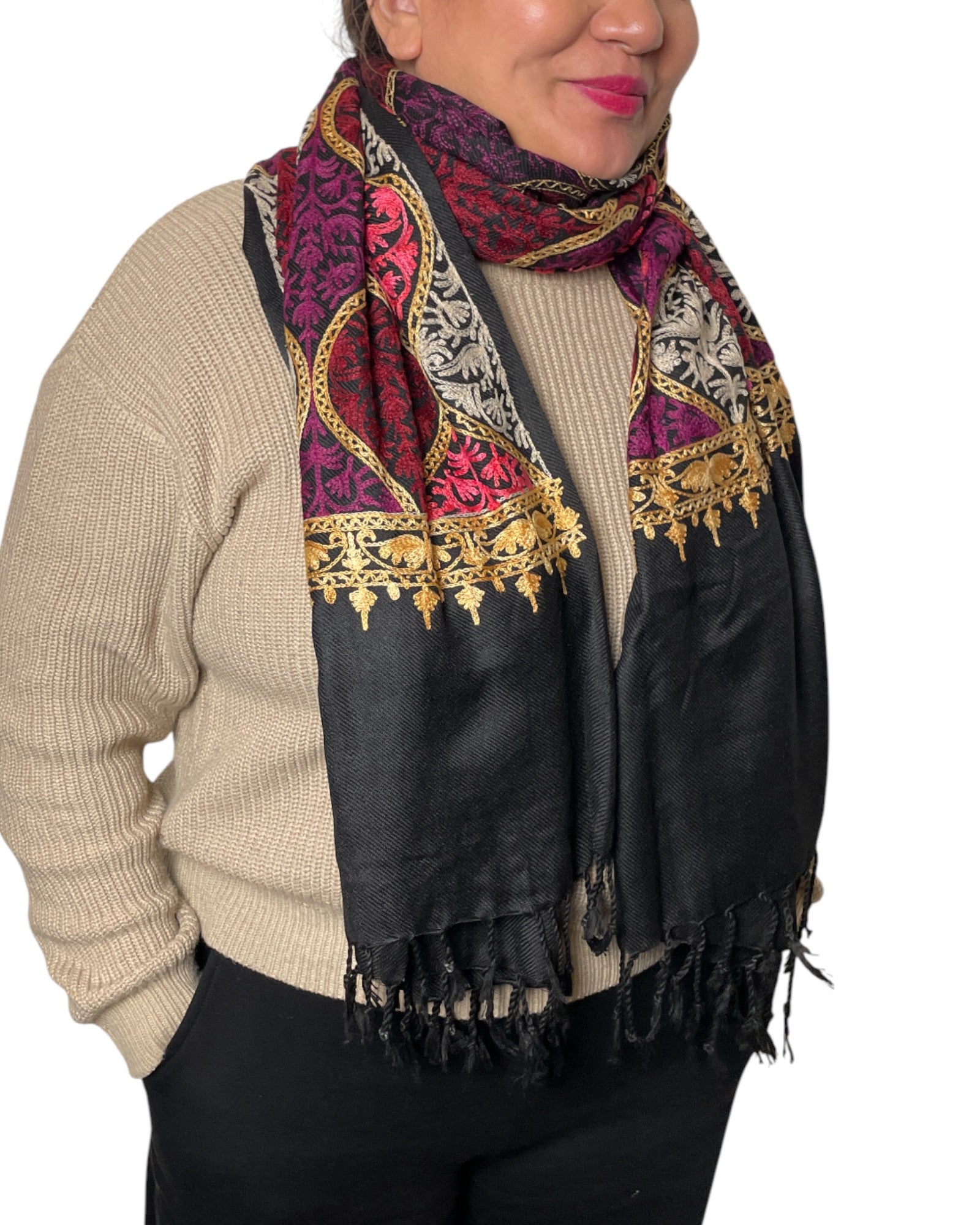 Schwarze Fransen Abschluss bestickter Unisex Schal warm