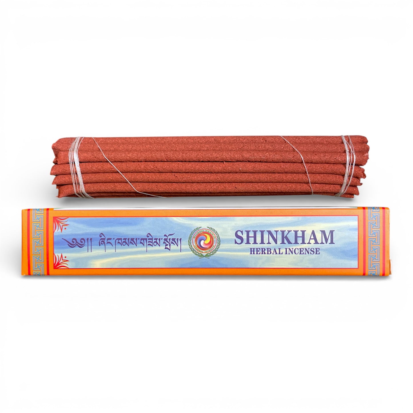 Shinkham Herbal Incense – Tibetische Räucherstäbchen in orangefarbener Verpackung von Himalaya Vibes Bern.