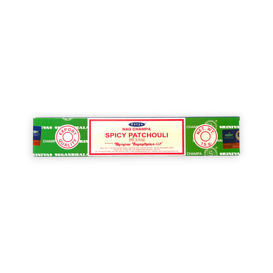 Spicy Patchouli Satya Original Räucherstäbchen 15 g – Nag Champa Agarbatti von Satya Sai Baba, Wohnung & Haus ausräuchern, handgefertigt, Weirauch