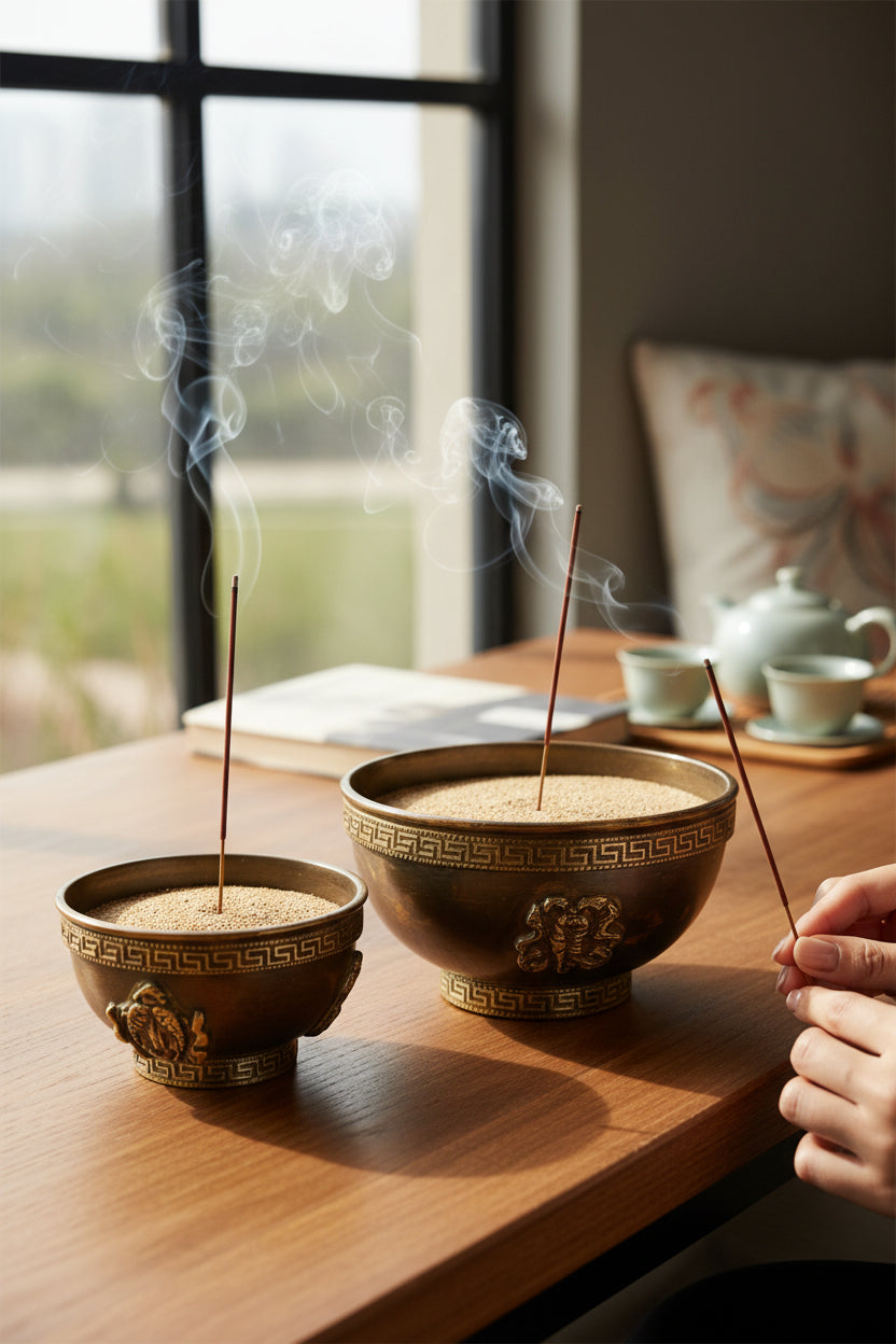 Tibetische Kupfer-Räucherschale – Ritualobjekt mit Glückssymbolen Räucherstäbchen