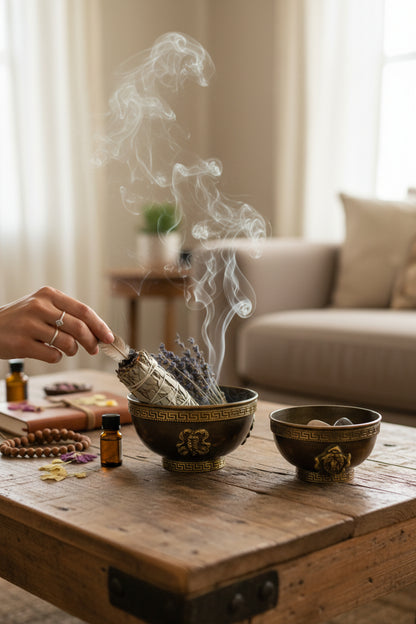 Tibetische Kupfer-Räucherschale – Ritualobjekt mit Glückssymbolen Salbei 