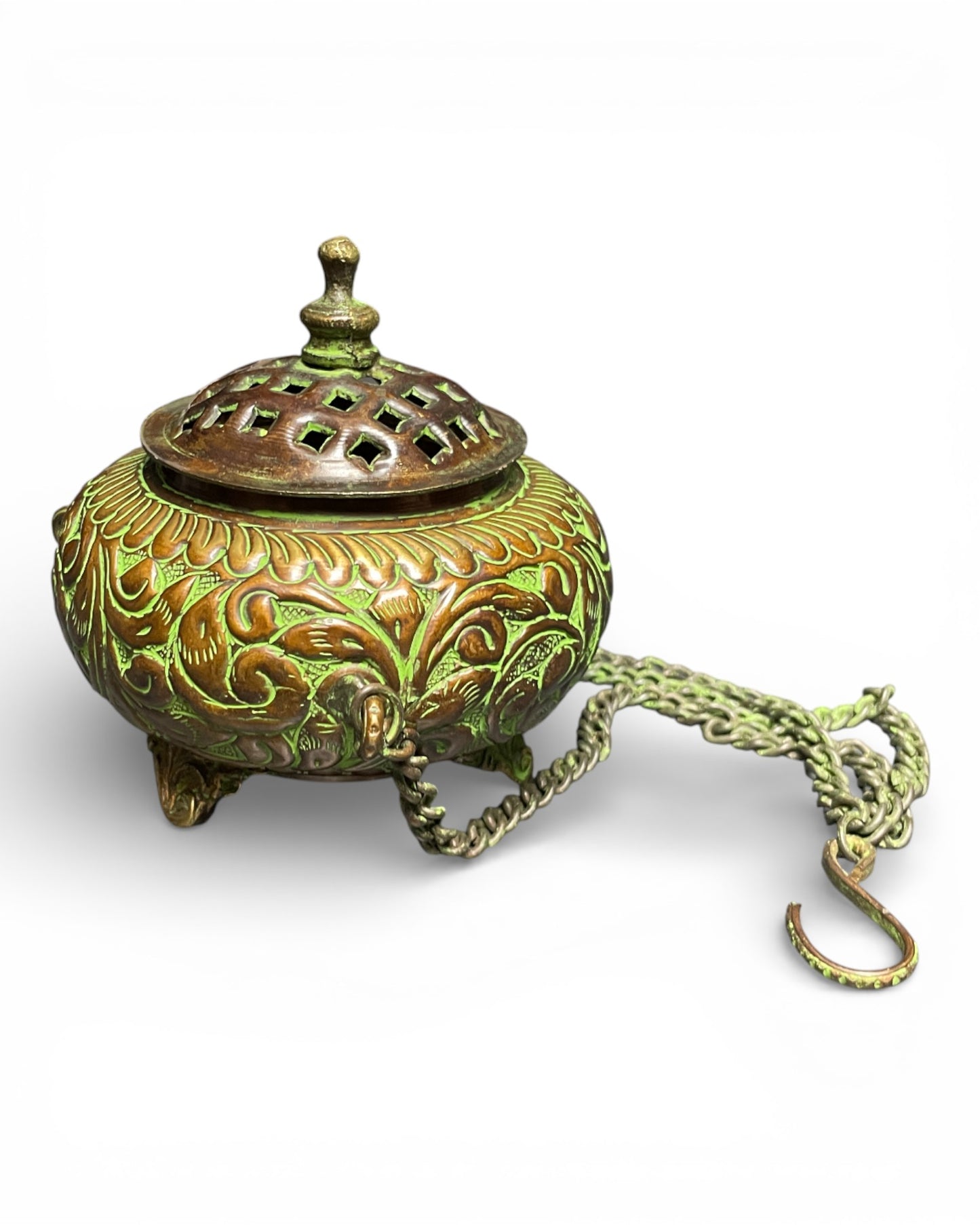 Tibetisches Kupfer-Hängeräuchergefäss mit Deckel und Kette – ausräuchern Wohnung, Haus & Energie klären