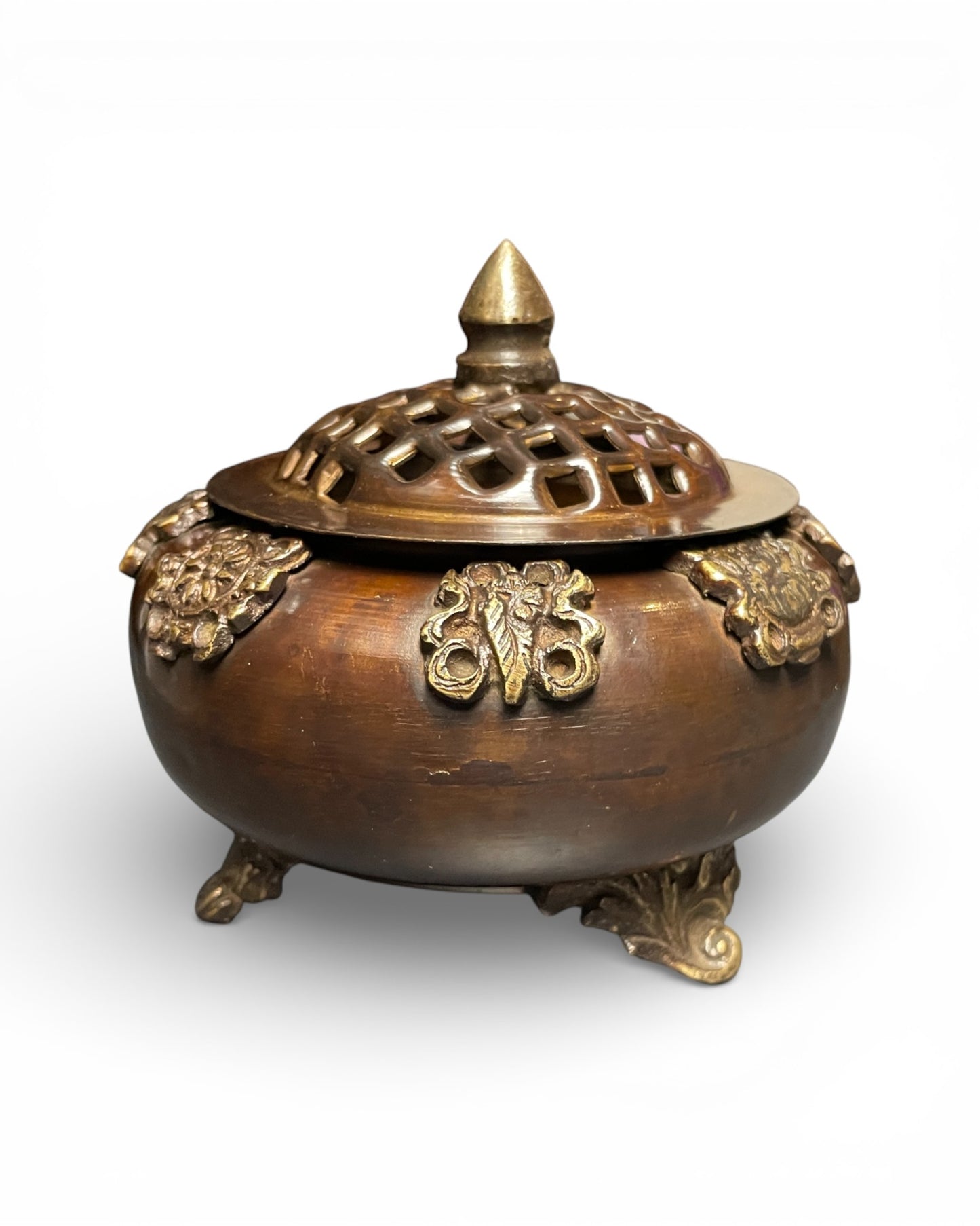 Tibetisches Räuchergefäss aus Kupfer mit Deckel – Tashi Tagye Glückssymbole Muschel