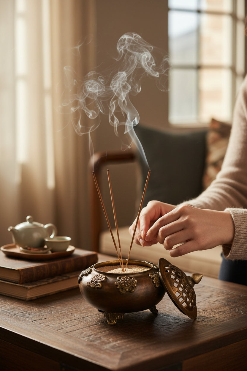 Tibetisches Räuchergefäss aus Kupfer mit Deckel – Tashi Tagye Glückssymbole Räucherstäbchen