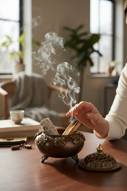Tibetisches Räuchergefäss aus Kupfer mit Deckel – Tashi Tagye Glückssymbole Salbei und Palo Santo