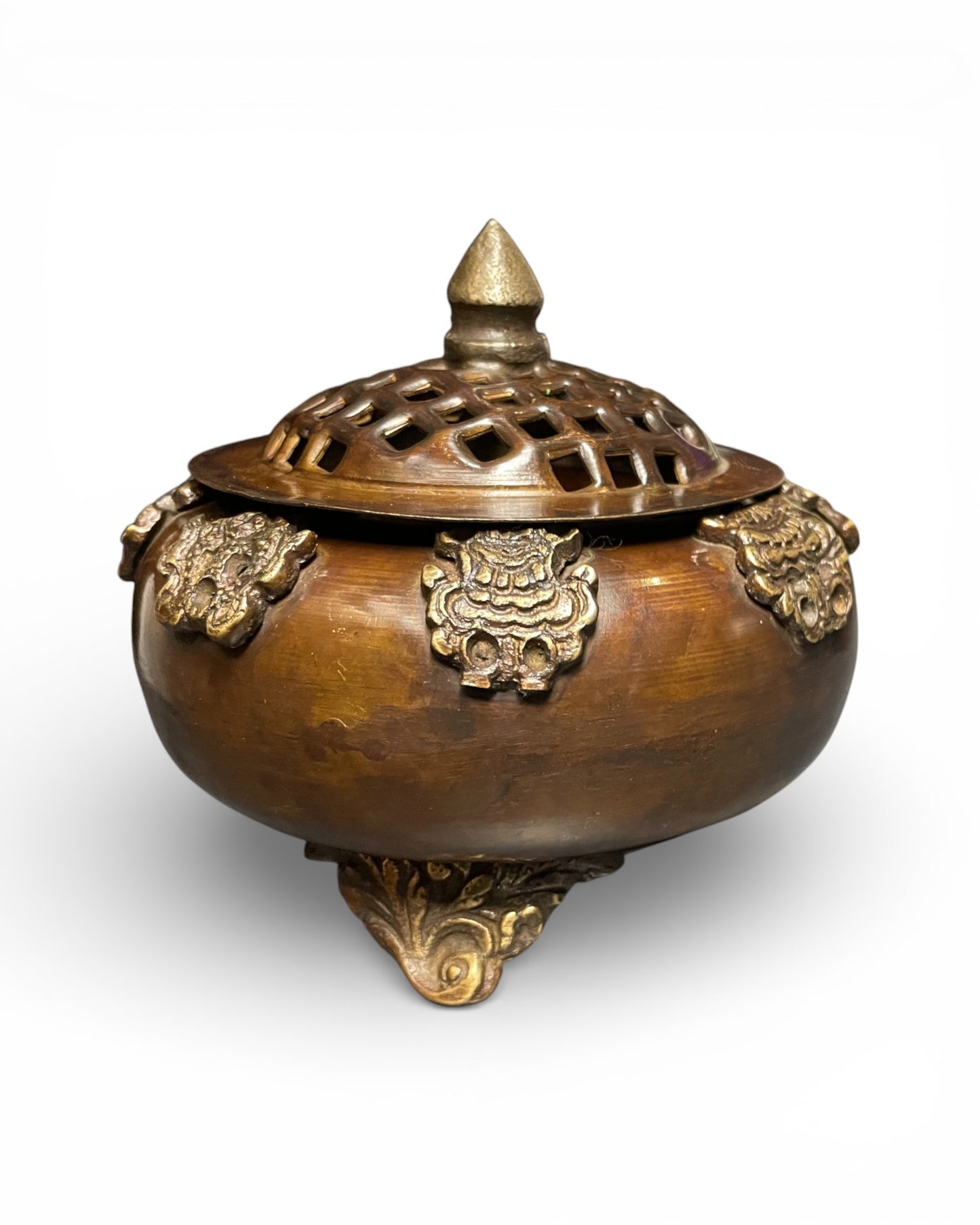 Tibetisches Räuchergefäss aus Kupfer mit Deckel – Tashi Tagye Glückssymbole Siegesbanner
