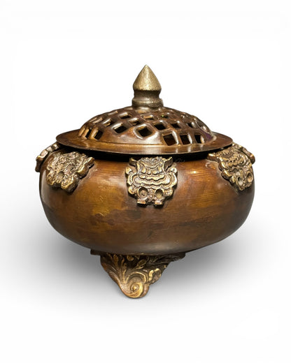 Tibetisches Räuchergefäss aus Kupfer mit Deckel – Tashi Tagye Glückssymbole Siegesbanner