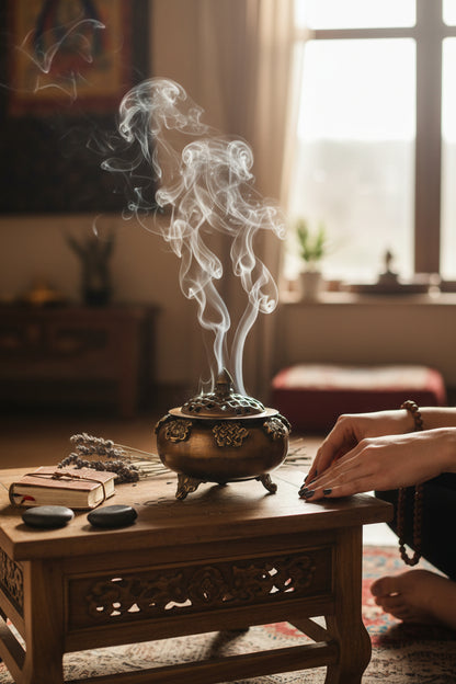 Tibetisches Räuchergefäss aus Kupfer mit Deckel – Tashi Tagye Glückssymbole altar zuhause