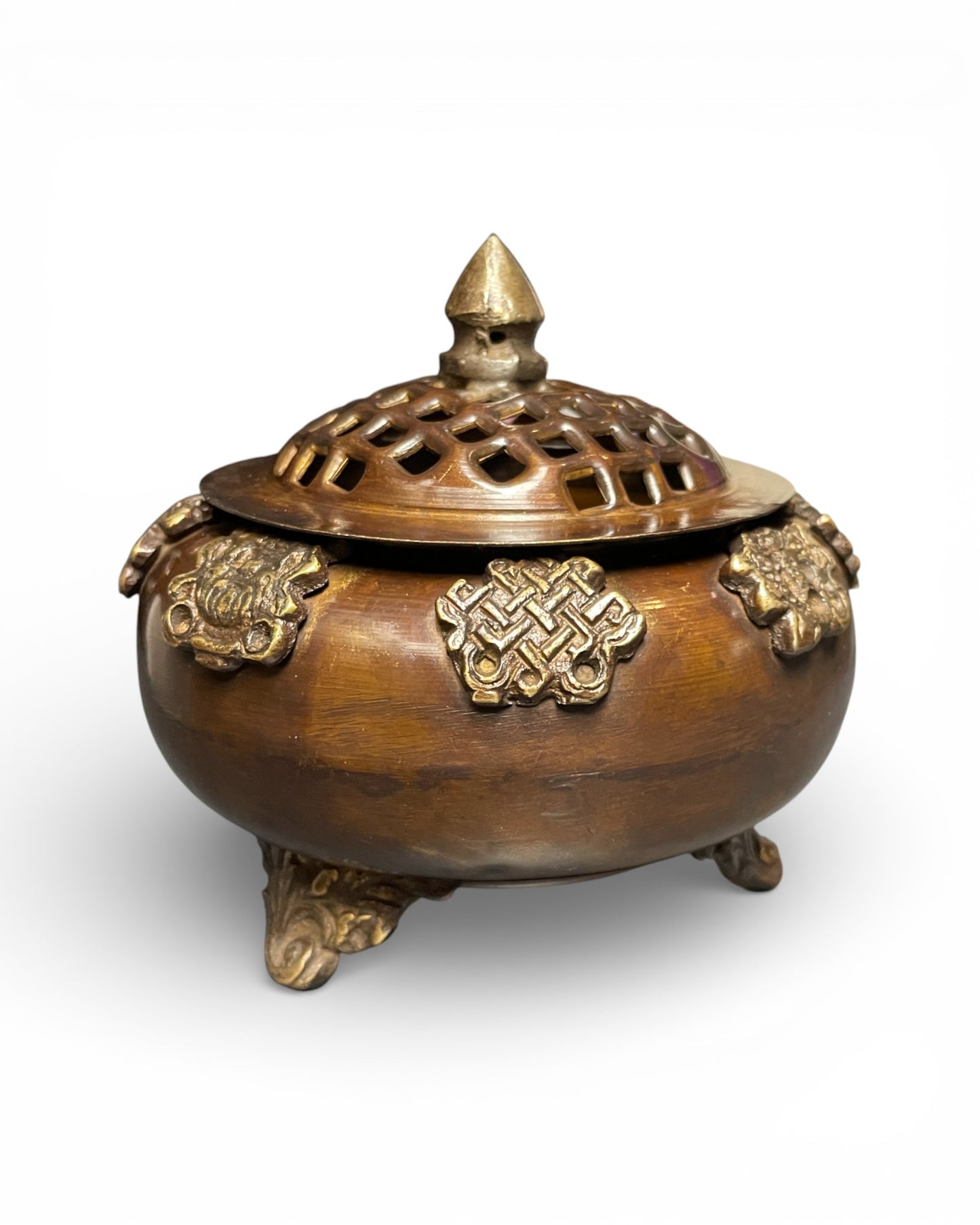 Tibetisches Räuchergefäss aus Kupfer mit Deckel – Tashi Tagye Glückssymbole endloser Knoten