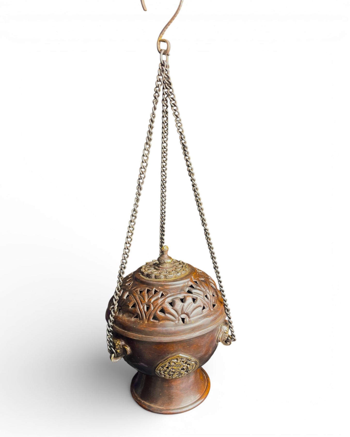 Tibetisches Räuchergefäss aus Kupfer – mit Kette & Deckel Aufhängung