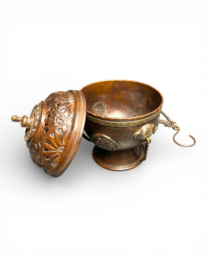 Tibetisches Räuchergefäss aus Kupfer – mit Kette & Deckel Löwe Haken