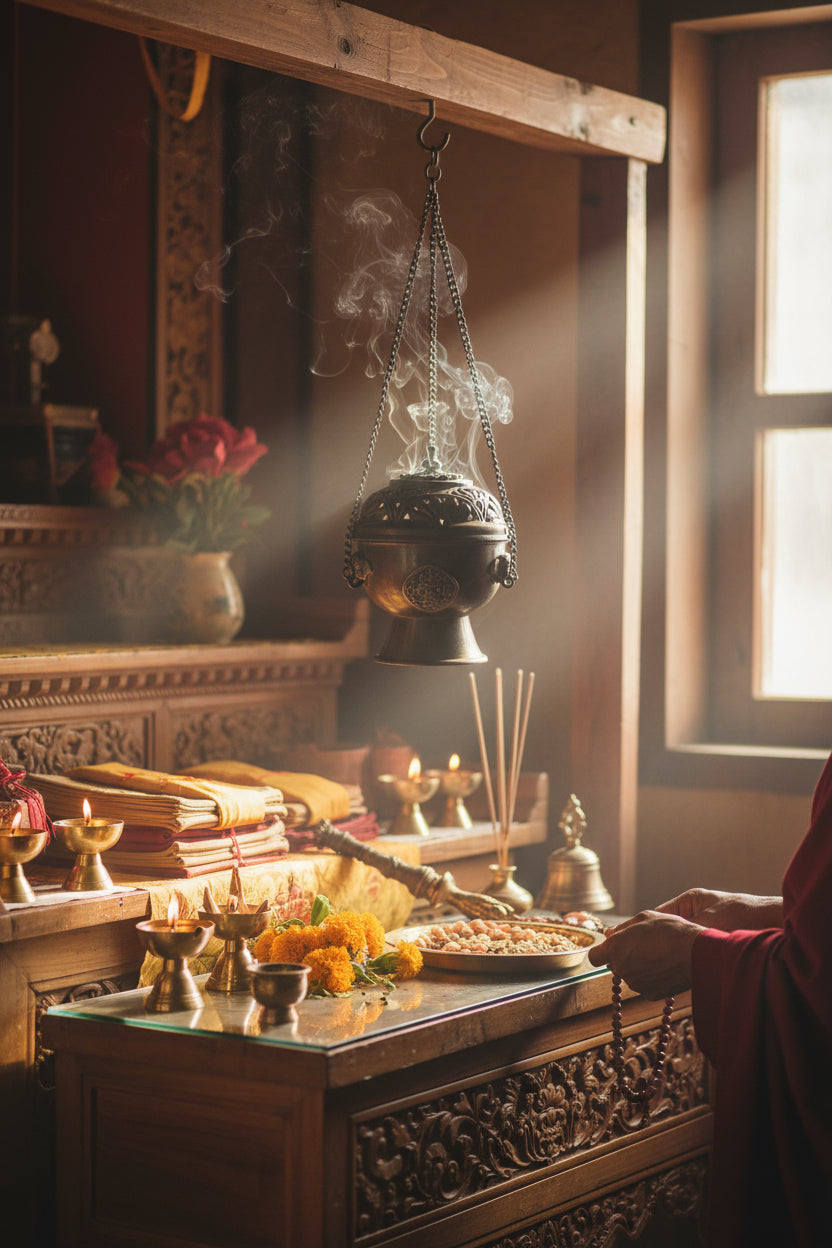 Tibetisches Räuchergefäss aus Kupfer – mit Kette & Deckel Löwe altar