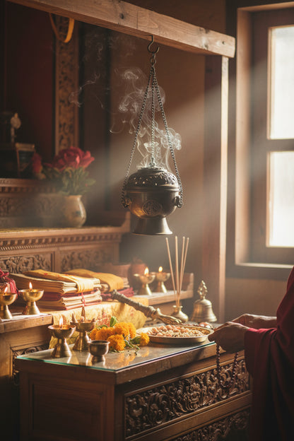 Tibetisches Räuchergefäss aus Kupfer – mit Kette & Deckel Löwe altar