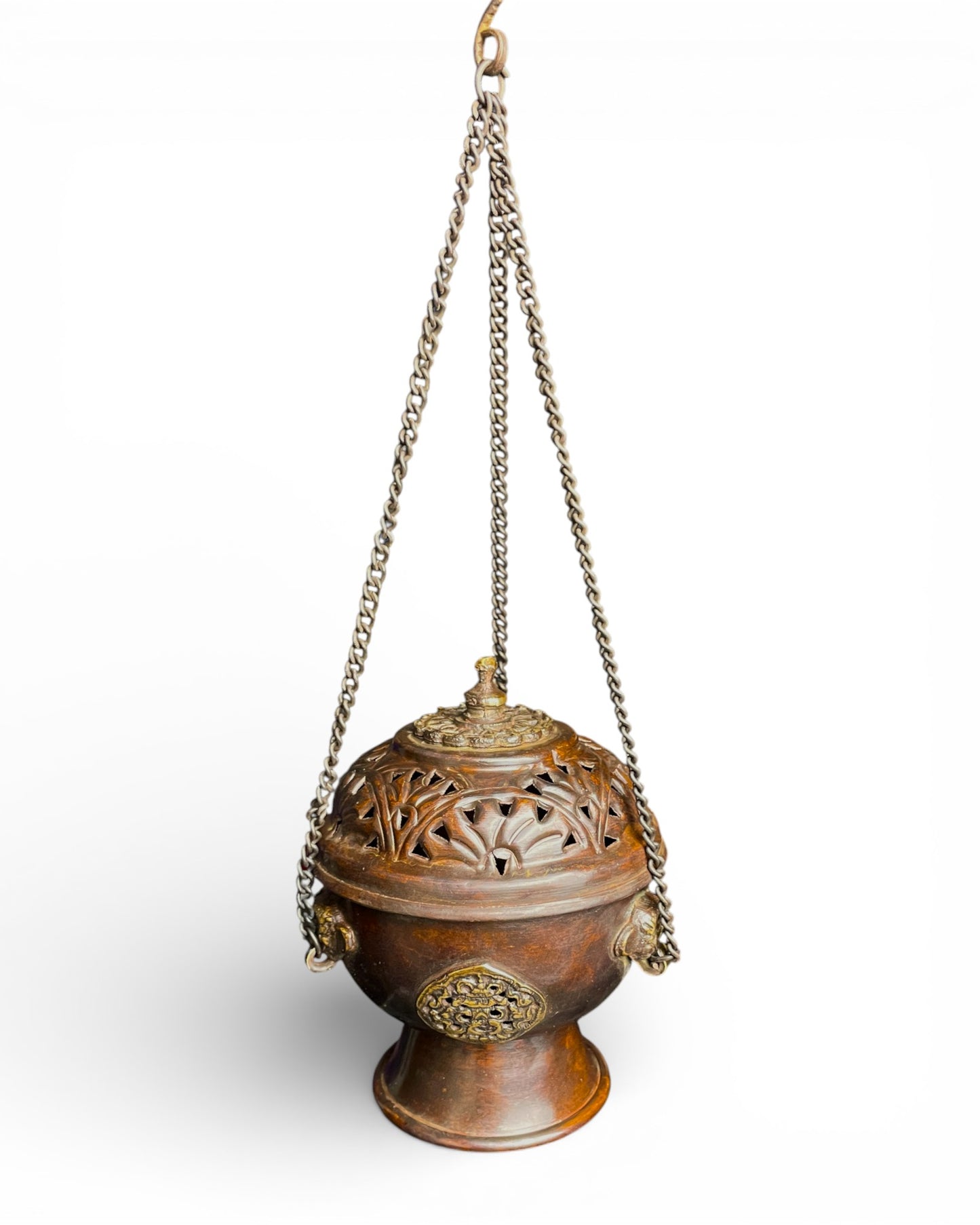 Tibetisches Räuchergefäss aus Kupfer – mit Kette & Deckel Löwe aufgehängt
