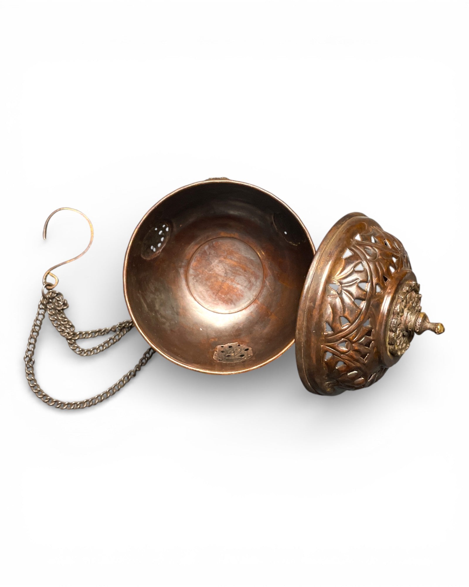 Tibetisches Räuchergefäss aus Kupfer – mit Kette & Deckel Oben