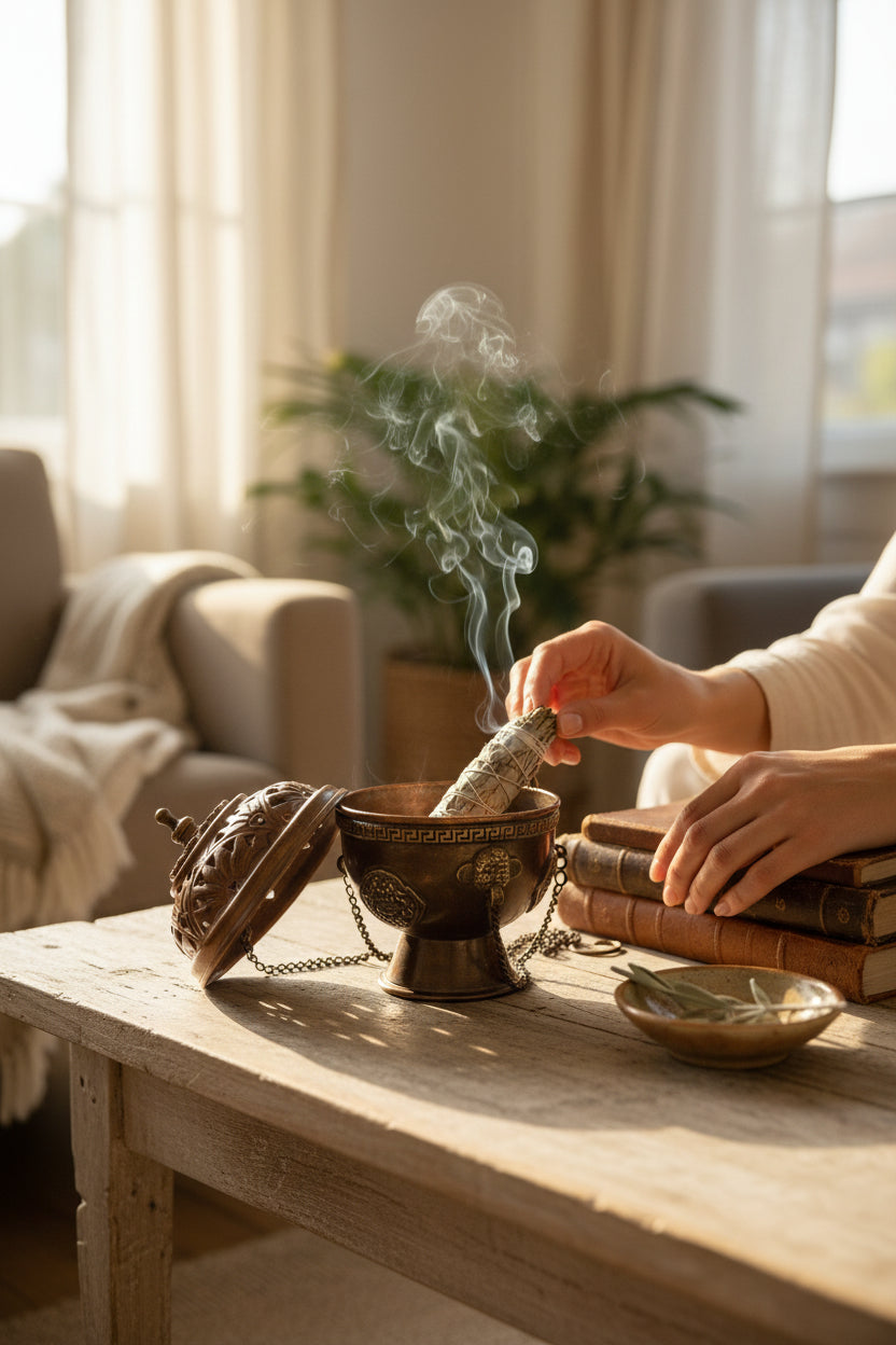 Tibetisches Räuchergefäss aus Kupfer – mit Kette & Deckel Salbei 1