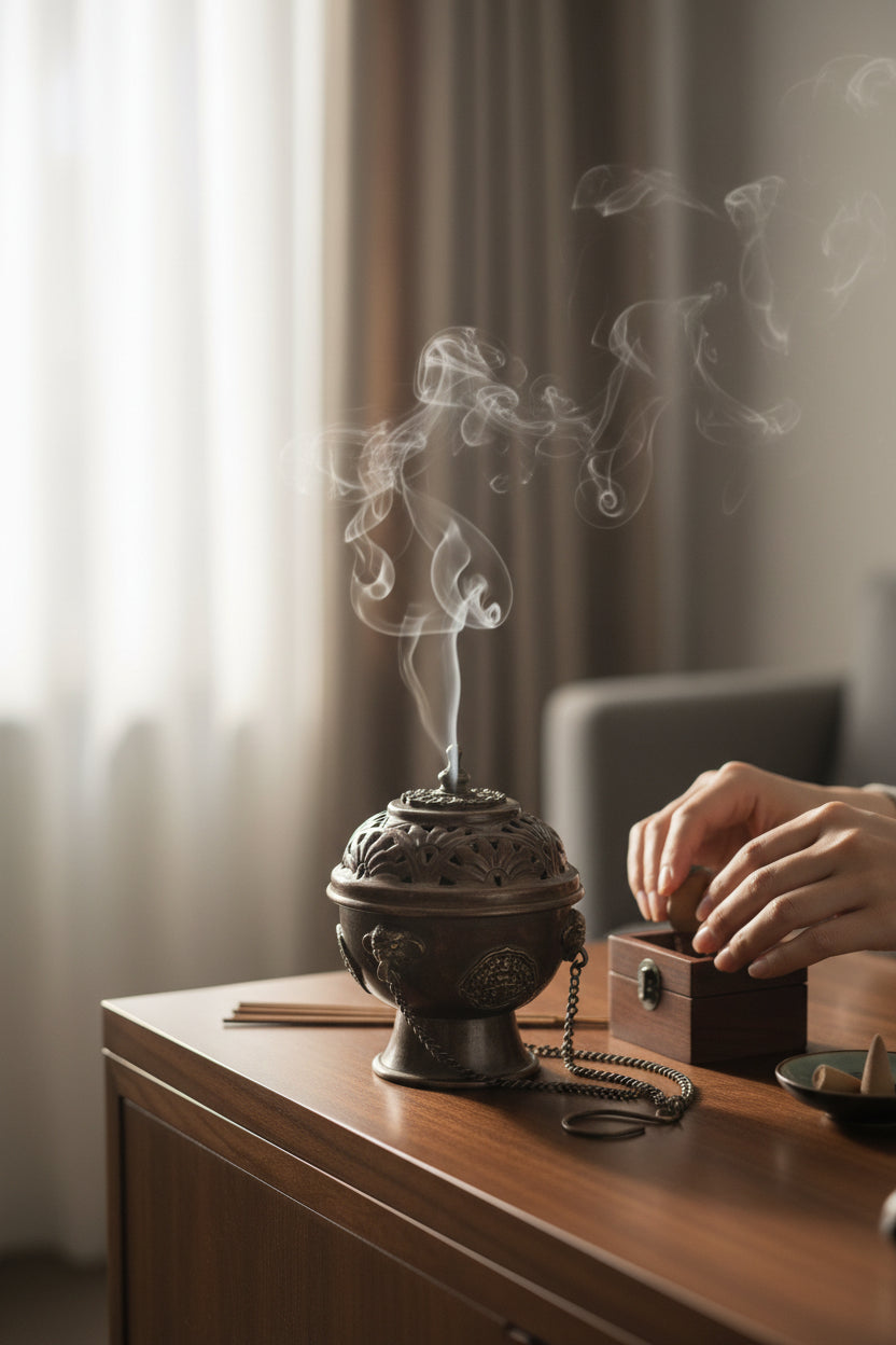 Tibetisches Räuchergefäss aus Kupfer – mit Kette & Deckel Stehend