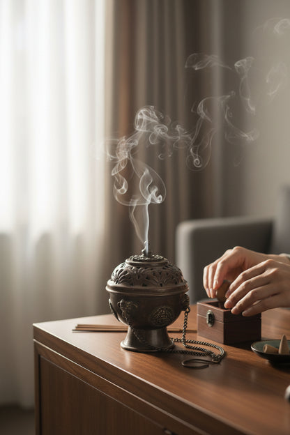 Tibetisches Räuchergefäss aus Kupfer – mit Kette & Deckel Stehend