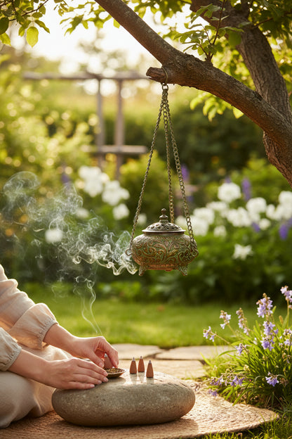 Tibetisches Räuchergefäss aus Kupfer mit Verzierungen, Kette & Deckel Haken Garten