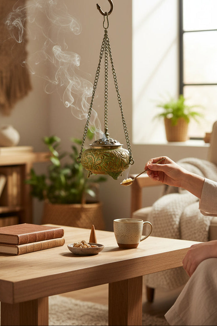 Tibetisches Räuchergefäss aus Kupfer mit Verzierungen, Kette & Deckel Haken Zuhause