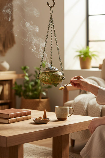 Tibetisches Räuchergefäss aus Kupfer mit Verzierungen, Kette & Deckel Haken Zuhause